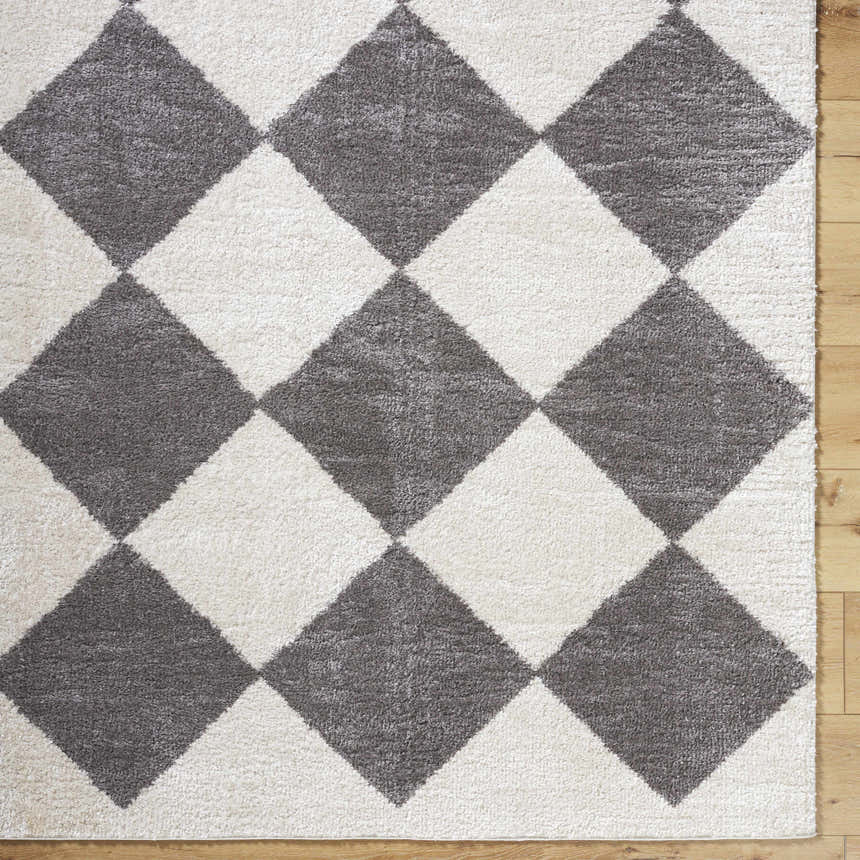 Close-up of the Arilla Diamond Checkered Washable Area Rug. Charcoal gray and white diamond pattern. Machine woven texture. Corner