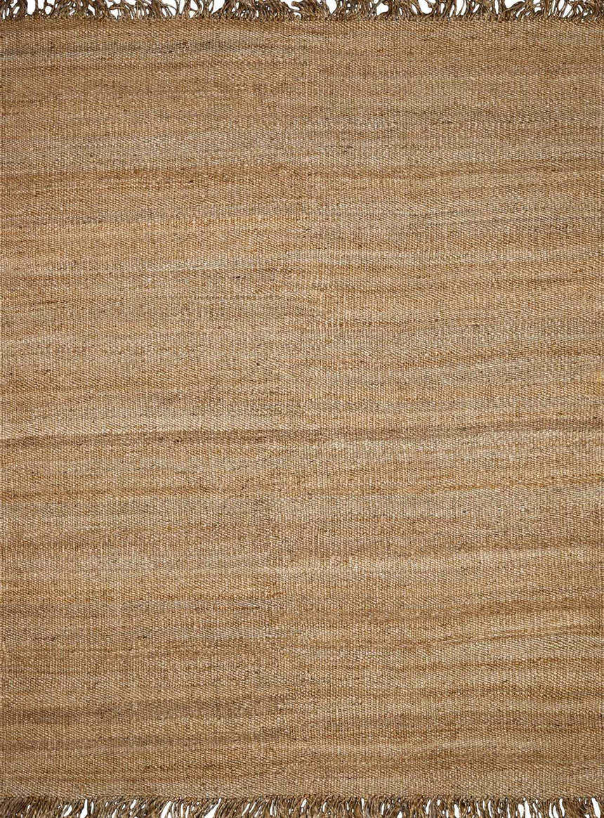 Close-up of the beige, hand-woven Oaks Perfect Flatweave Jute Rug showing natural fiber texture and fringe. Design-Rectangle