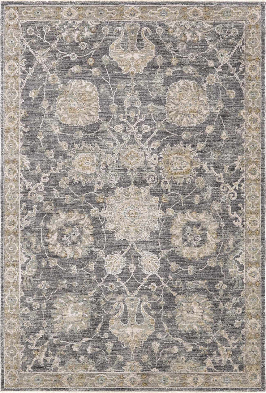 Close-up of the Kanimbla Thick Luxe Avant Garde Rug; gray, beige, and white floral pattern with a traditional border. Design-Rectangle