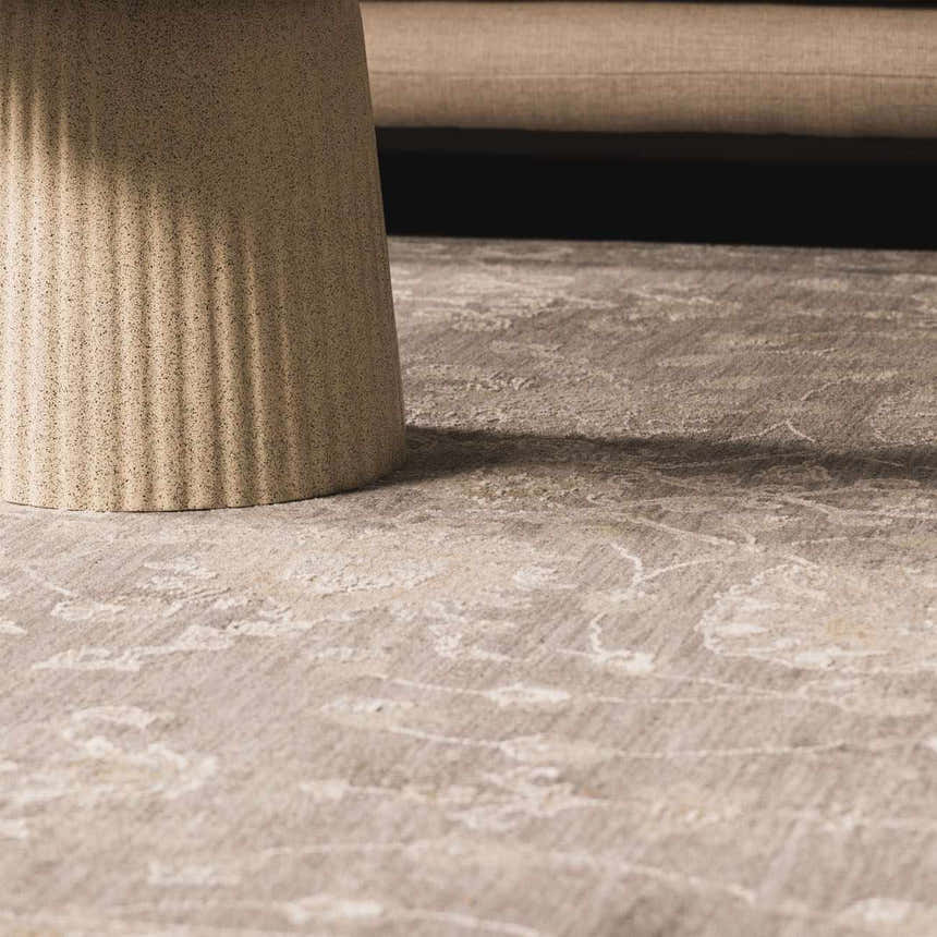 Close-up of the beige Kanimbla Thick Luxe Avant Garde Rug with a subtle, abstract pattern and soft texture. Styleshot