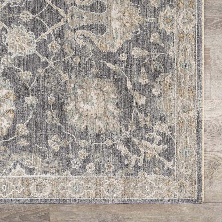 Close-up of the Kanimbla Thick Luxe Avant Garde Rug. Features a gray, beige, and white traditional floral pattern. Swatch