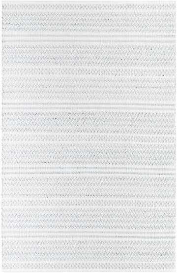 Close-up of the hand woven Kendi Cream Area Rug; a farmhouse style rug with cream, light slate, and black horizontal stripes. Design-Rectangle-576