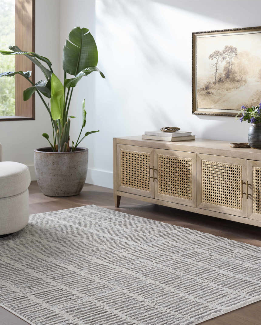 Living room scene with a light wood cabinet and the Aricin Gray Area Rug. Roomscene-Rectangle