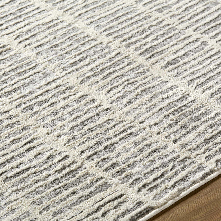 Close up of the Aricin Gray Area Rug showing its silver and gray textured, striped design. Texture