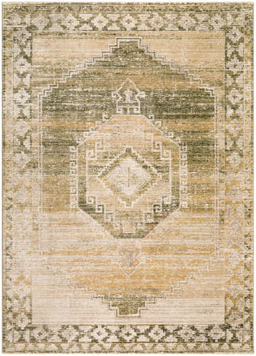Close-up of the Kailey Tan Area Rug, a machine-woven rug with a traditional diamond pattern in tan, olive, and off-white. Design-Rectangle-679