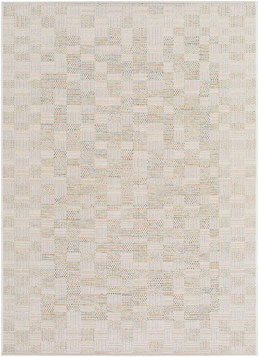 Close-up of the Arshad Ivory Area Rug. Beige, tan, and light gray woven in a geometric, checkered pattern. Design-Rectangle-537
