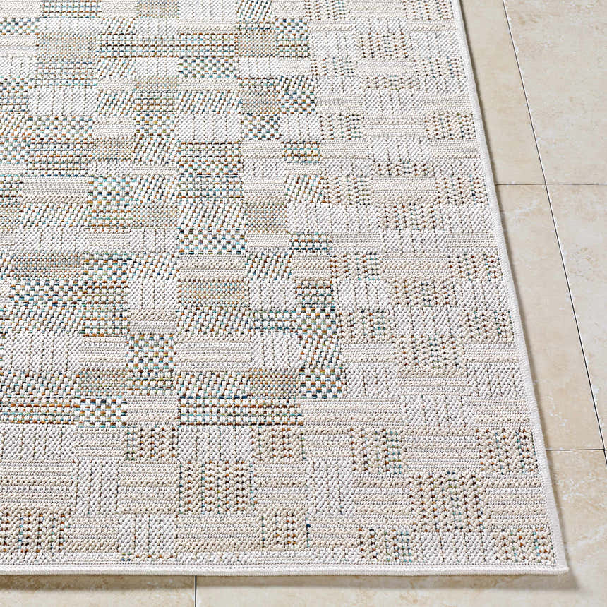 Close up of the Arshad Ivory Area Rug showing beige, tan, and light gray woven pattern. Front