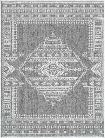 Close-up of the Asuman Area Rug. Gray rug with a white geometric diamond pattern and traditional farmhouse style border. Design-Rectangle-537