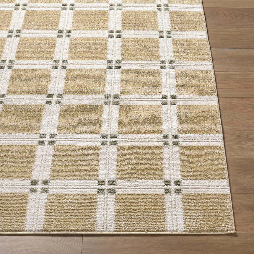 Close-up of Kalkin Tan Area Rug. Contemporary style with tan and white grid pattern, and small green accents. Front