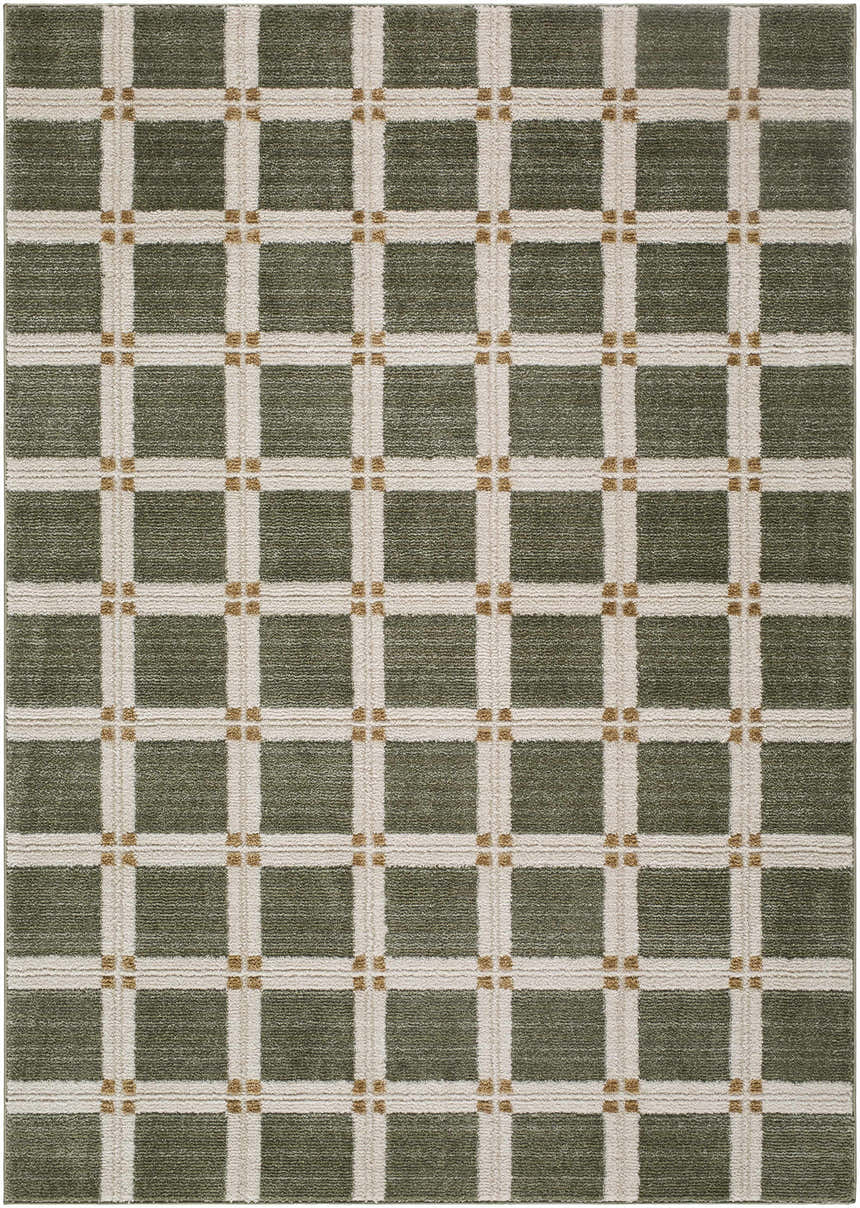 Close-up of the Kalkin Olive Area Rug featuring a contemporary grid pattern in olive green, beige, and tan. Design-Rectangle-575