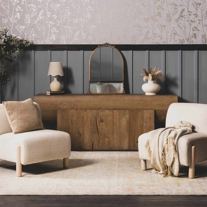 Living room scene with neutral furniture and a light-colored Bozkurt Boutique Washable Rug. Roomscene-Rectangle