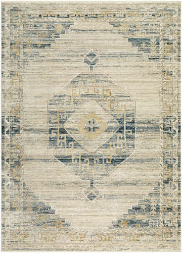 Close-up of the Kalare Light Gray Area Rug, a farmhouse style rug with a traditional geometric pattern in light gray, blue, and gold. Design-Rectangle-679