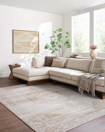 Living room with a neutral sectional sofa and a Kalare Off White Area Rug on a dark wood floor. Roomscene-Rectangle