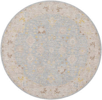 Round Kofi Thick Luxe Area Rug featuring a traditional floral pattern in amber, taupe, and light olive tones. Design-Round-67