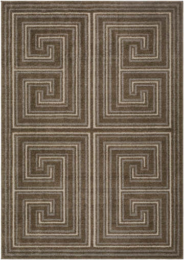 Close-up of the Kekapa Area Rug, showcasing its brown and beige geometric Greek key pattern. Design-Rectangle-575