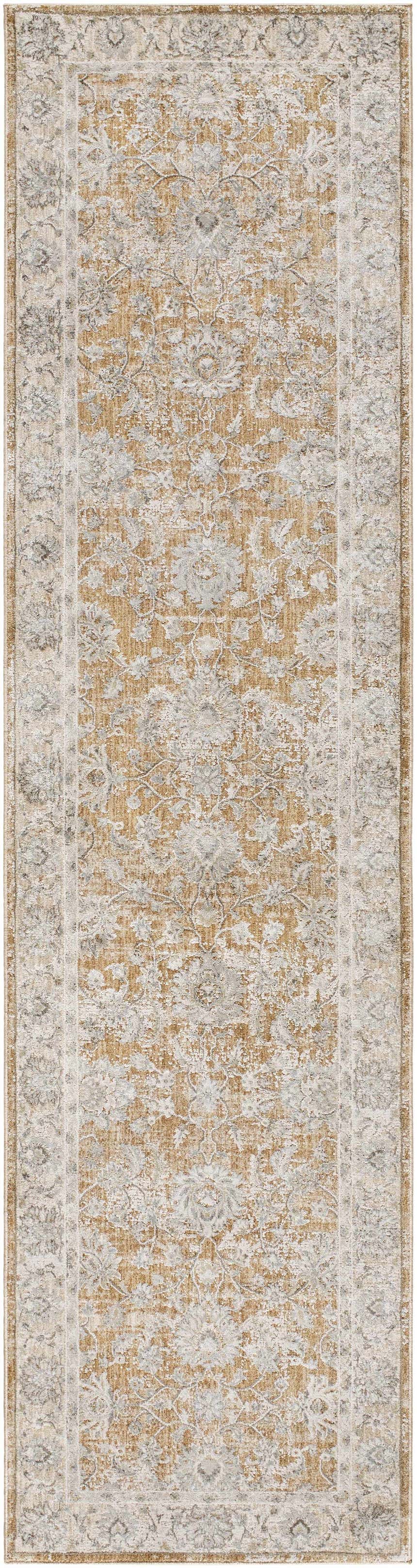 Close-up of Kerem Damask Thick Luxe Boutique Rug. Traditional floral damask pattern in charcoal, cream, and light brown. Design-Runner-2710