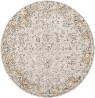 Round Kerem Cream Thick Luxe Damask Rug with charcoal, cream, and brown floral pattern. Traditional style. Design-Round-710