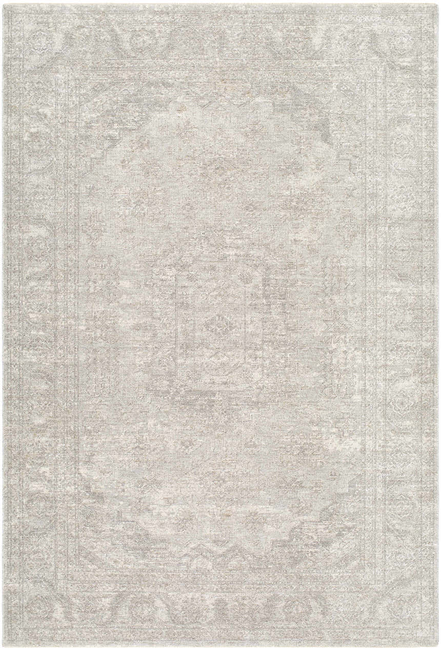 Close-up of the Aithan Light Gray Area Rug, a machine-woven polyester rug with a traditional, farmhouse-style design. Design-Rectangle-6796