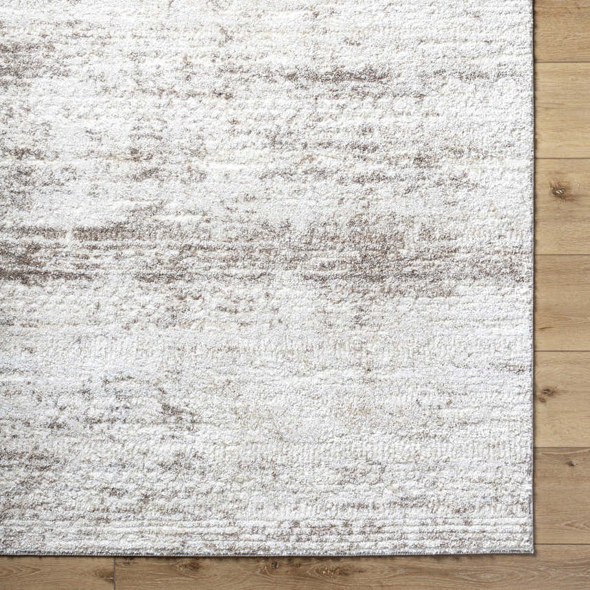 Close-up of the Kohaku Light Gray Area Rug showing its beige, ivory, and light brown traditional pattern and soft texture. Corner