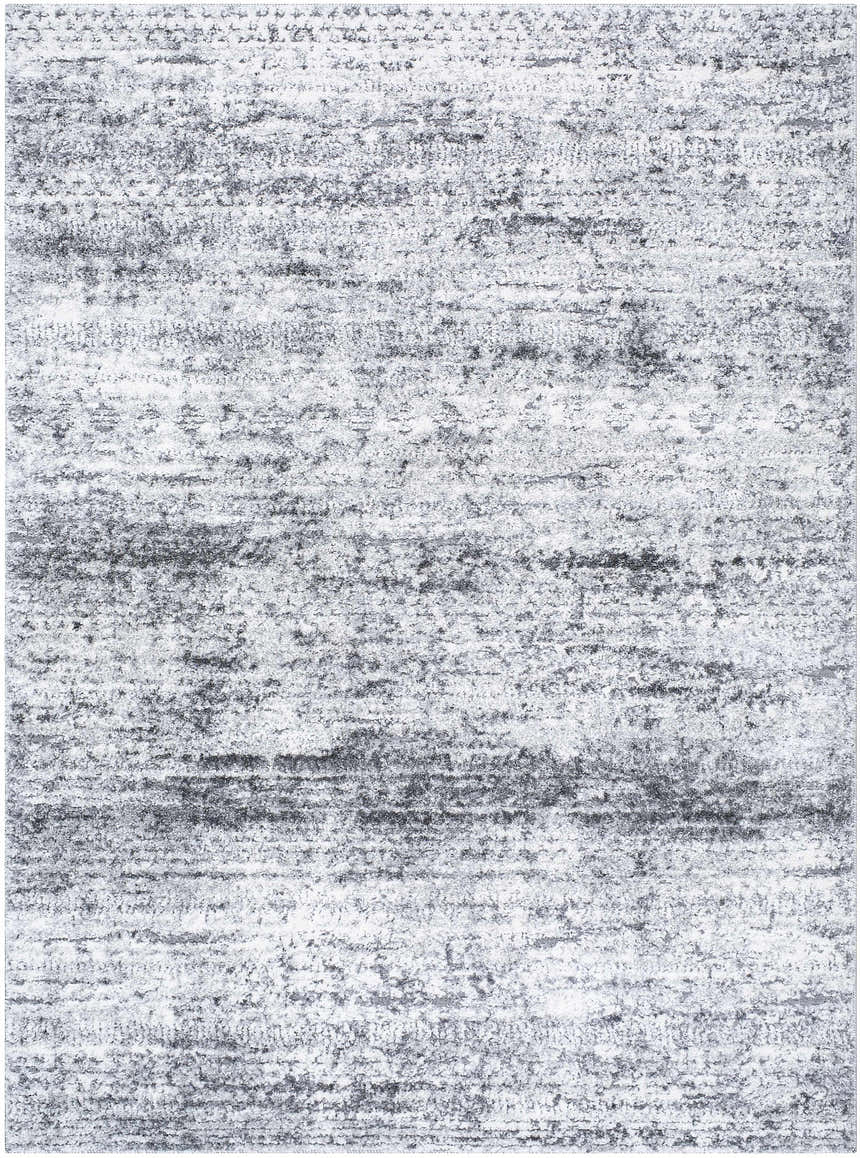 Close-up of the Kohaku Black Area Rug, showing its charcoal, light gray, and black farmhouse style pattern. Design-Rectangle-5373
