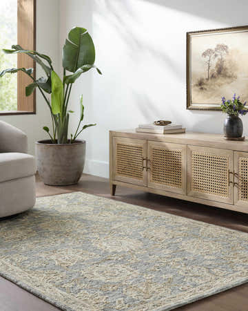 Living room scene with a Desert Sand Ayesha Oushak area rug, light wood cabinet, neutral armchair, and large potted plant. Roomscene-Rectangle