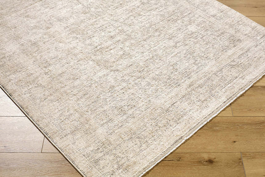Close-up of the Livabliss x Galey Alix Maria Elena V Vintage Medallion Area Rug, showing its ivory, tan, and brown vintage pattern. Corner