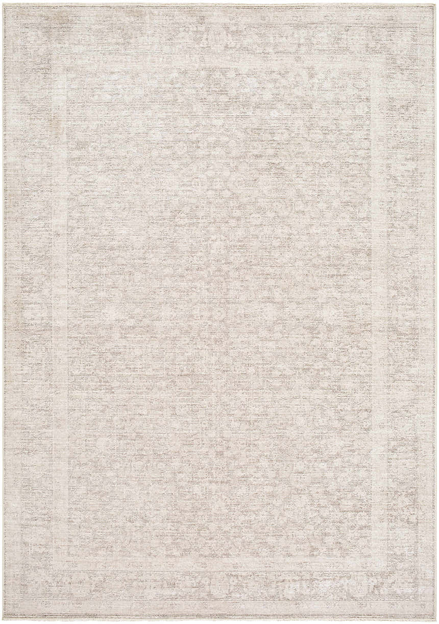 Close-up of the Livabliss x Galey Alix Maria Elena V Vintage Medallion Area Rug. Ivory, tan, and medium brown farmhouse style. Design-Rectangle-679