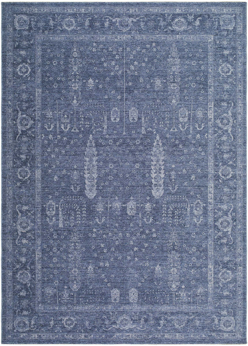 Close-up of the blue Kamand Area Rug featuring a traditional floral pattern and a detailed border. Design-Rectangle-679