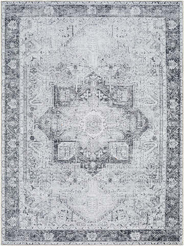Close-up of the Kyan Washable Runner Rug. Features a traditional oriental design in black, gray, and light beige tones. Design-Rectangle-679