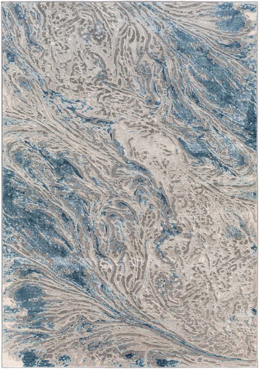 Close-up of Lambton Blue Marble Area Rug. Contemporary design with charcoal, cream, pale blue, and teal marble-like pattern. Design-Rectangle-5377