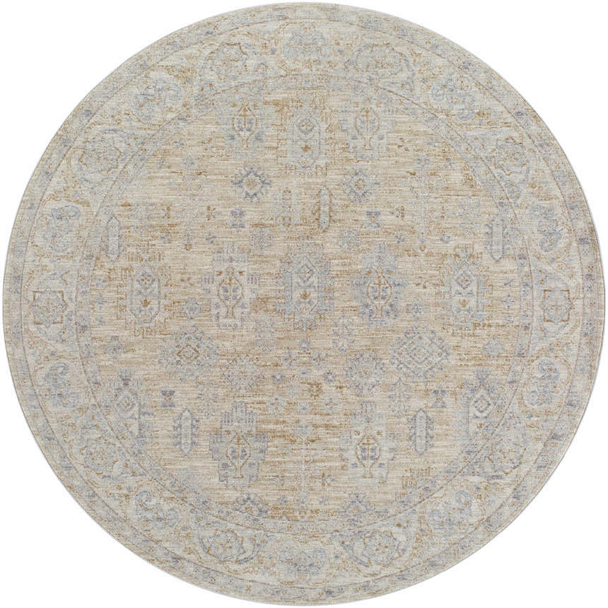 Round Coby Cream Avant Garde rug with traditional oriental design in brown, dusty sage, and gray hues. Luxe polyester texture. Design-Round-67