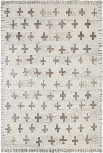 Close-up of Lotta Ivory Modern Wool Area Rug. Hand-tufted wool rug with a plus sign pattern in ivory and medium brown. Design-Rectangle