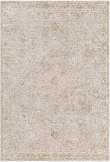 Close-up of the Andres Tan Area Rug, showcasing its traditional light brown and cream floral pattern. Design-Rectangle-6796
