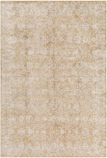 Close-up of the Andres Olive Area Rug. Traditional design in cream, light brown, and olive tones. Machine woven polyester. Design-Rectangle-6796