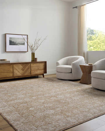 Living room scene with cream swivel chairs and Andres Olive Area Rug in light brown and cream tones. Roomscene-Rectangle