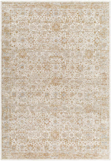 Close-up of the Andres Sage Area Rug. Cream rug with light brown, tan, and blue traditional floral pattern. Design-Rectangle-6796