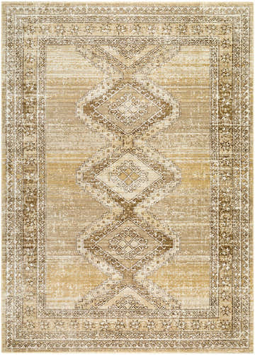 Close-up of the Ligeia Area Rug, a machine-woven runner with a traditional diamond pattern in dark brown, light gray, and tan. Design-Rectangle-679