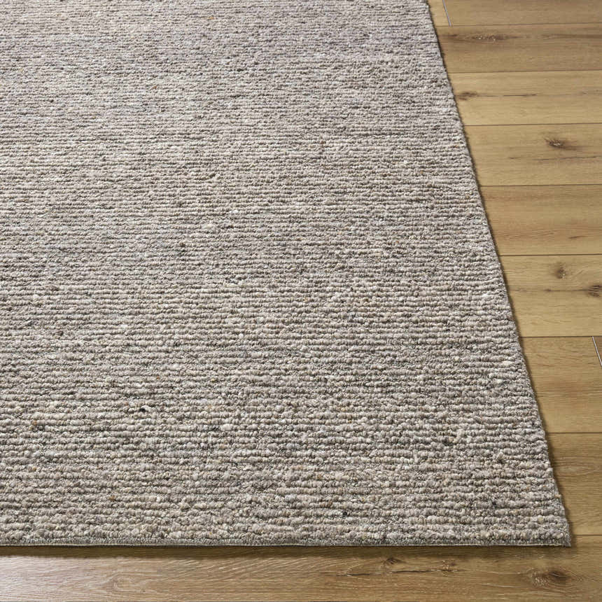 Close-up of the hand-tufted Winta Taupe Wool Area Rug showing its texture and neutral gray, tan, and sage colors. Front