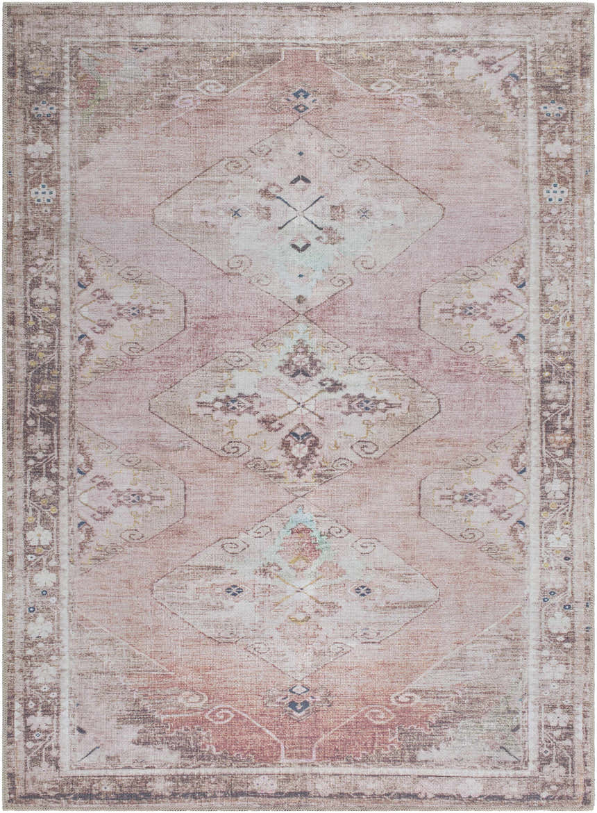 Close-up of the Ussun Washable Area Rug. Traditional design with beige, brown, and dusty pink tones. Machine woven polyester. Design-Rectangle-5373