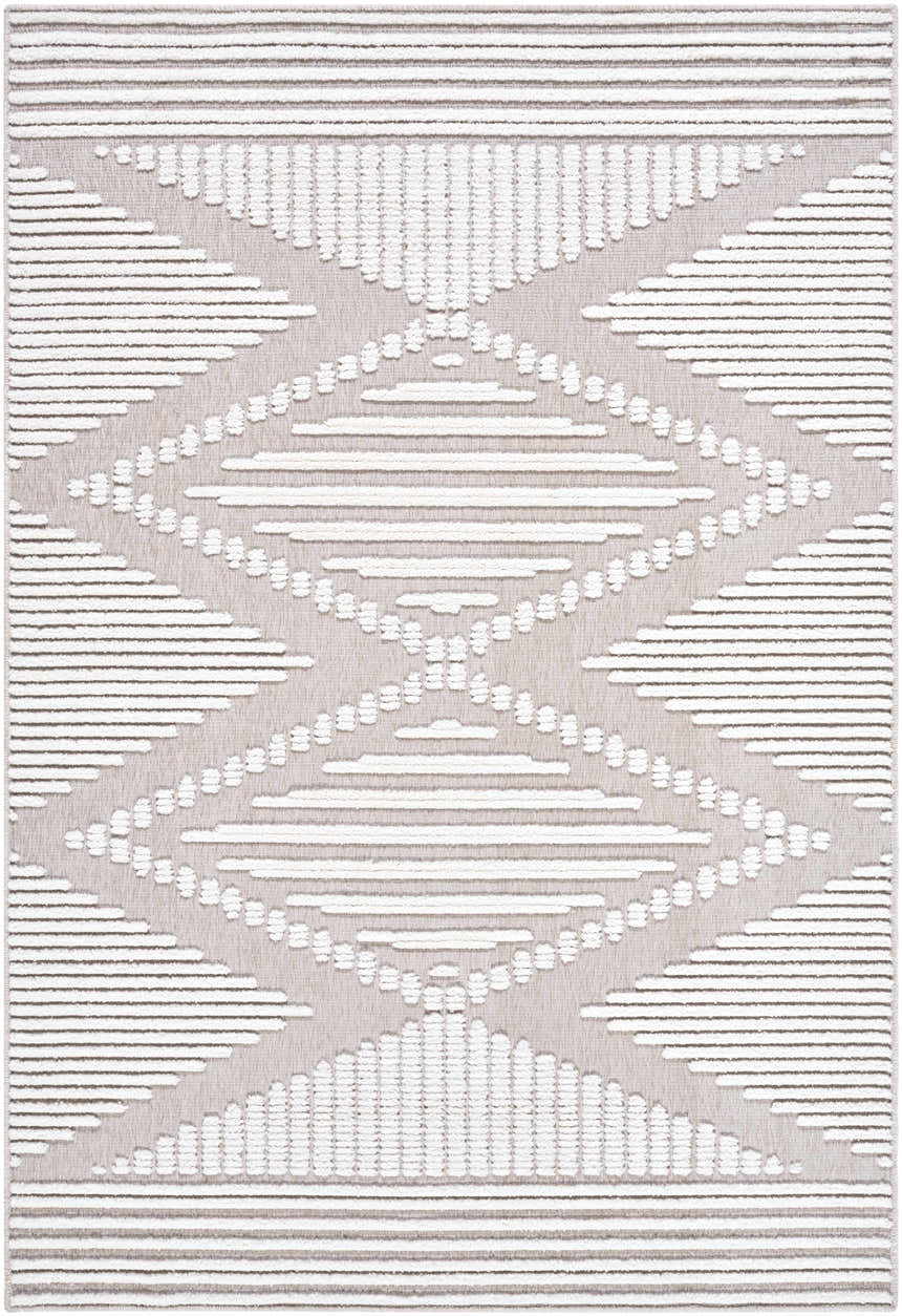 Close-up of Annika Washable Area Rug. Off-white and tan rug with a geometric diamond and stripe pattern. Farmhouse style. Design-Rectangle-57