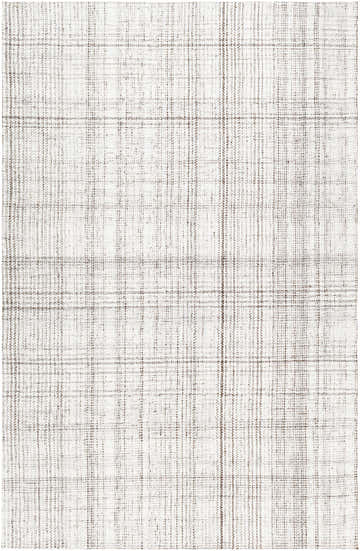 Close-up of the Lubna Ivory Area Rug. Hand-woven rug with a light silver and silver gray plaid pattern. Design-Rectangle-576