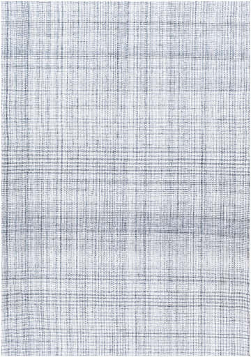 Close-up of the Lubna Light Slate Area Rug. Hand-woven recycled yarn rug in a farmhouse style with a subtle plaid pattern. Design-Rectangle-576