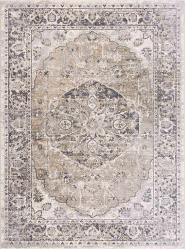 Close-up of the Rudo Beige Flat Pile Washable Rug. Traditional oriental design in nutmeg, lambswool, and dark gray hues. Design-Rectangle-537