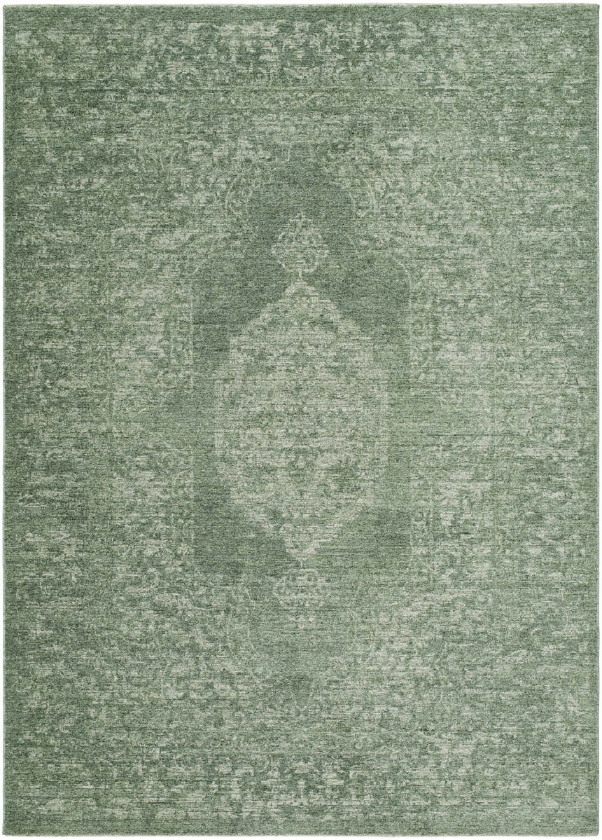 Close-up of the Lilach Area Rug, a machine-woven rectangle in green and sage with a traditional, faded design. Design-Rectangle-679
