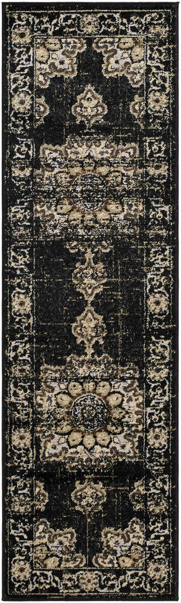 Close-up of the Lostwithiel Black Medallion Rug, a traditional runner rug with a black and beige floral medallion pattern. Design-Runner