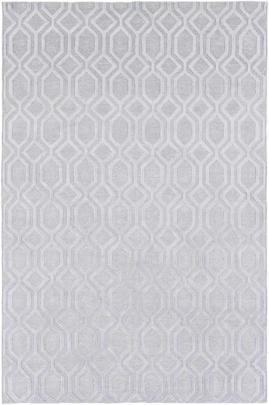 Close-up of Loughborough Slate Linen Rug featuring a geometric diamond pattern and light slate color. Design-Rectangle-69