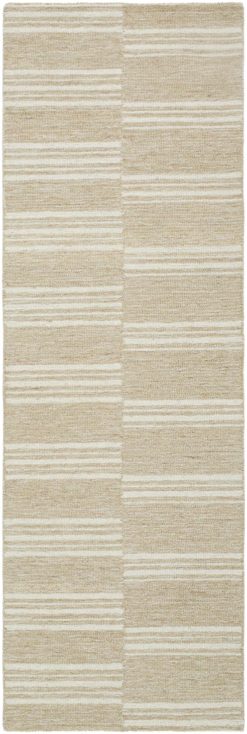 Close-up of the hand-tufted Argyro Area Rug. Beige and ivory wool rug with a subtle striped pattern and textured design. Design-Runner-268