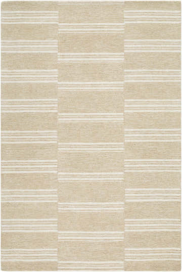 Close-up of the Argyro Area Rug. Beige and ivory wool rug with a farmhouse style stripe pattern. Design-Rectangle-576