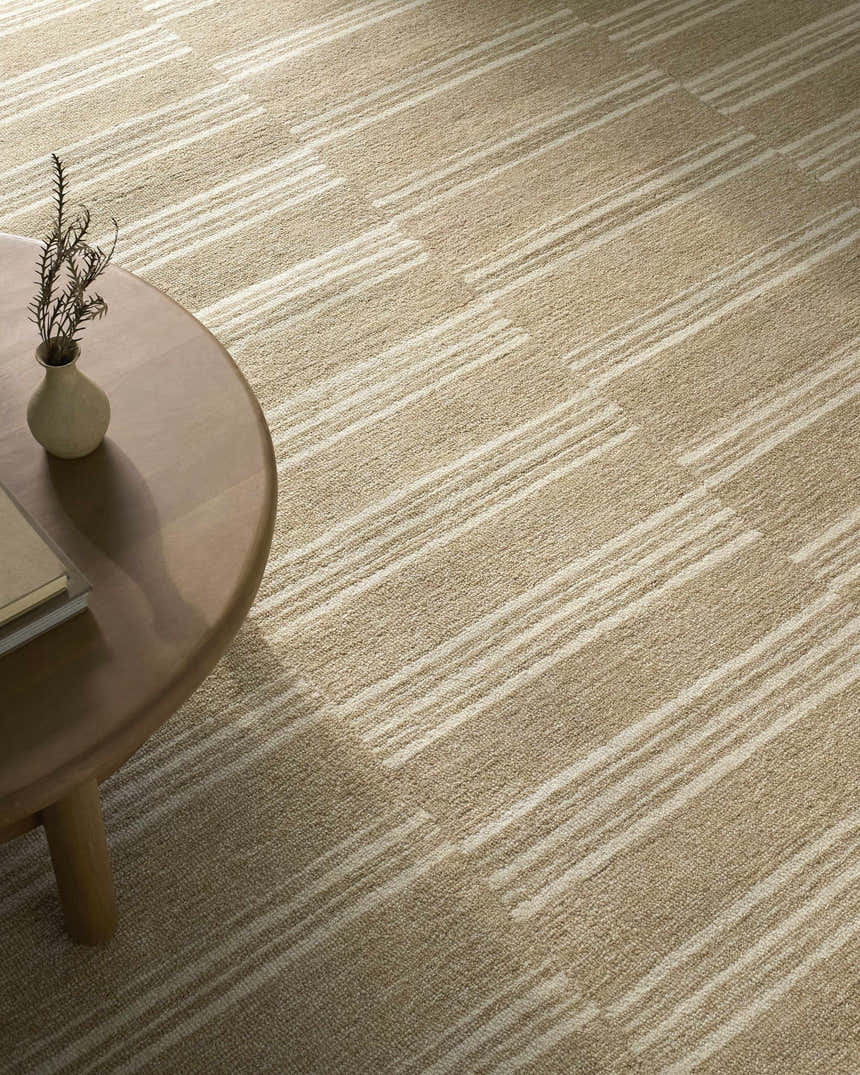 Close-up of the Argyro Area Rug. Beige and ivory wool rug with a linear, geometric pattern. Farmhouse style. Roomscene-Rectangle