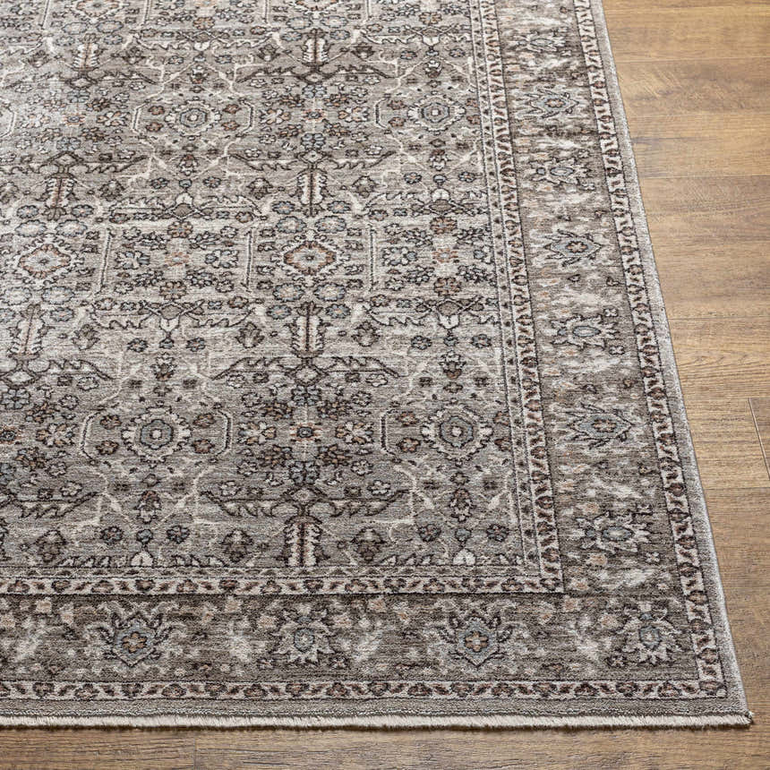 Close-up of the Lugo Luxe Area Rug showcasing its traditional floral pattern and tassel detail on a wood floor. Front